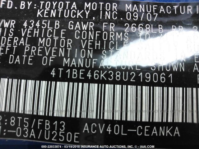 4T1BE46K38U219061 - 2008 TOYOTA CAMRY CE/LE/XLE/SE BLUE photo 9