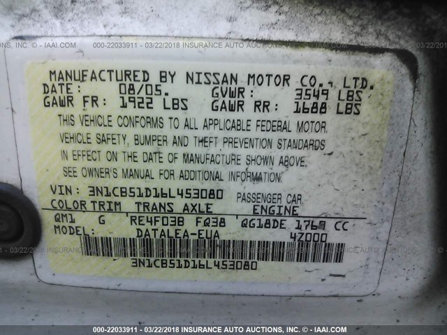 3N1CB51D16L453080 - 2006 NISSAN SENTRA 1.8/1.8S WHITE photo 9