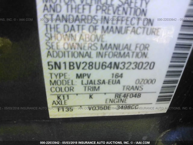 5N1BV28U64N323020 - 2004 NISSAN QUEST S/SE/SL GRAY photo 9