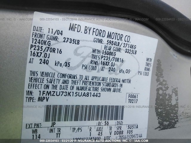 1FMZU73K15UA81443 - 2005 FORD EXPLORER XLT/XLT SPORT/NBX 银色 照片 9