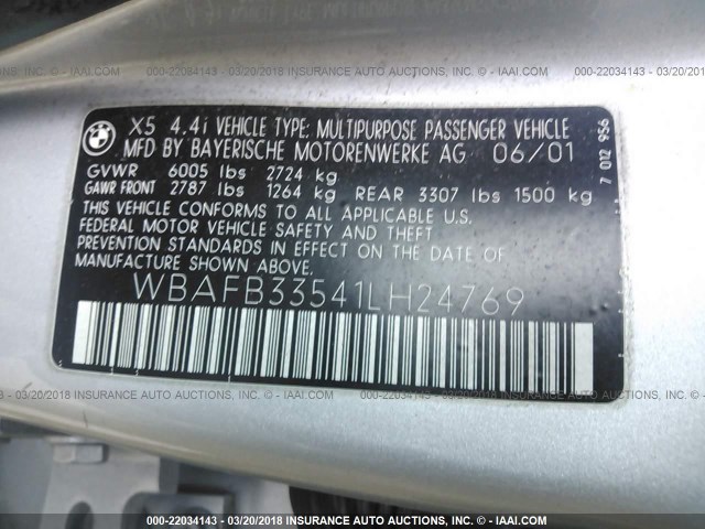 WBAFB33541LH24769 - 2001 BMW X5 4.4I SILVER photo 9