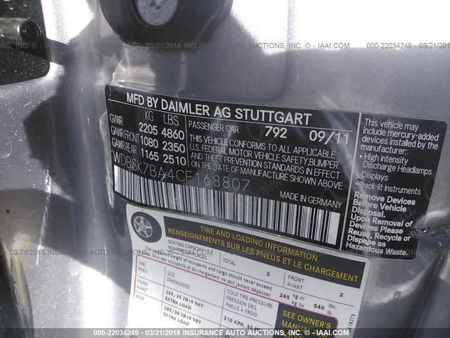 WDBSK7BA4CF168807 - 2012 MERCEDES-BENZ SL 550 SILVER photo 9