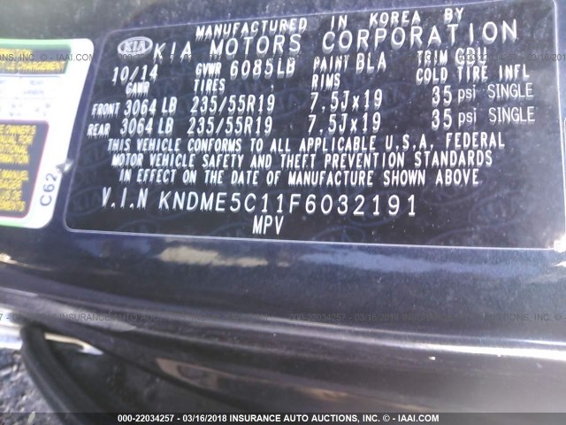 KNDME5C11F6032191 - 2015 KIA SEDONA SXL BLACK photo 9