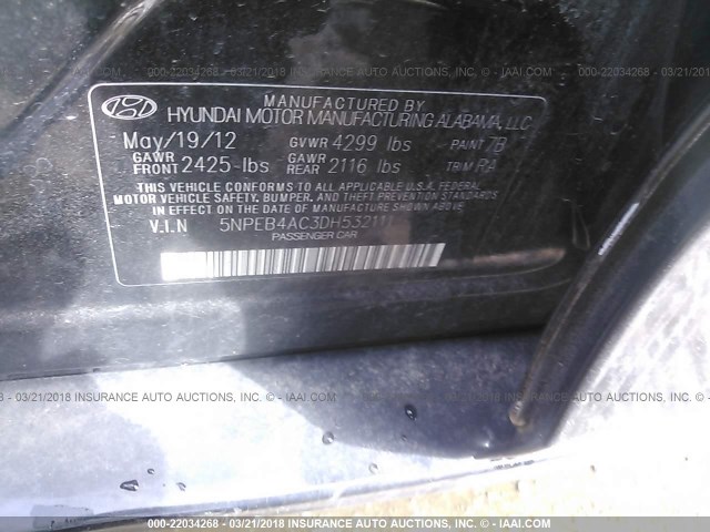 5NPEB4AC3DH532111 - 2013 HYUNDAI SONATA GLS BLACK photo 9