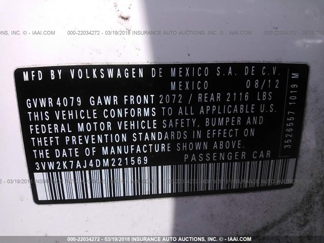 3VW2K7AJ4DM221569 - 2013 VOLKSWAGEN JETTA S 白色 照片 9