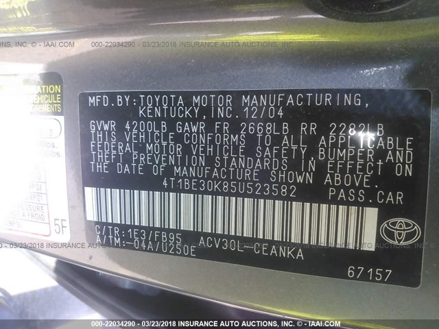 4T1BE30K85U523582 - 2005 TOYOTA CAMRY LE/XLE/SE 灰色 照片 9