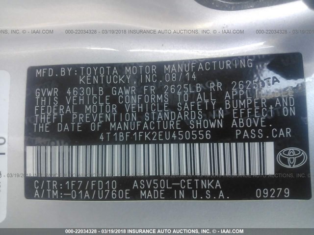 4T1BF1FK2EU450556 - 2014 TOYOTA CAMRY L/SE/LE/XLE 银色 照片 9