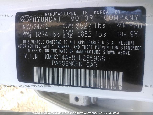 KMHCT4AE8HU255968 - 2017 HYUNDAI ACCENT SE WHITE photo 9