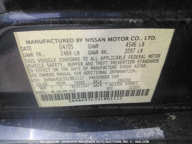 1N4BA41E35C861112 - 2005 NISSAN MAXIMA SE/SL BLUE photo 9