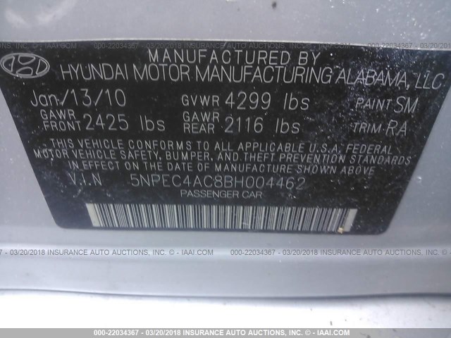 5NPEC4AC8BH004462 - 2011 HYUNDAI SONATA SE/LIMITED SILVER photo 9