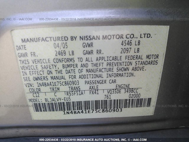 1N4BA41E75C860903 - 2005 NISSAN MAXIMA SE/SL Pewter photo 9