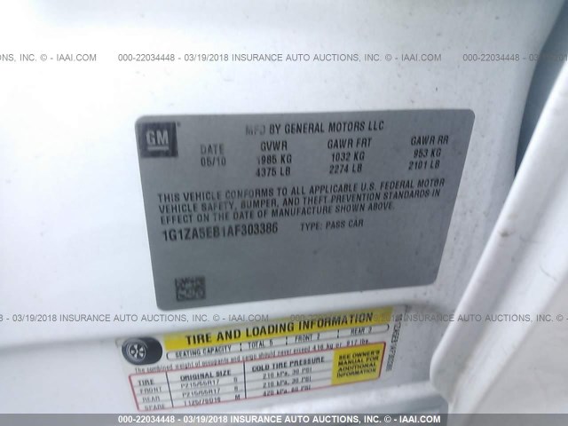 1G1ZA5EB1AF303386 - 2010 CHEVROLET MALIBU LS 白色 照片 9