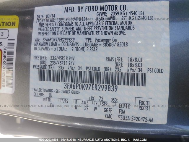 3FA6P0K97ER299839 - 2014 FORD FUSION TITANIUM GRAY photo 9