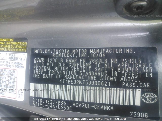 4T1BE32K75U990621 - 2005 TOYOTA CAMRY LE/XLE/SE Сұр фото 9