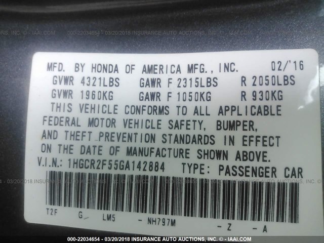 1HGCR2F55GA142884 - 2016 HONDA ACCORD SPORT 灰色 照片 9