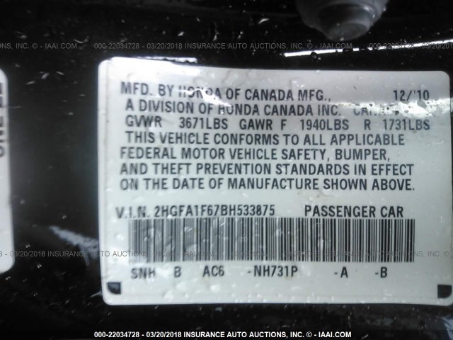 2HGFA1F67BH533875 - 2011 HONDA CIVIC LX-S Qara foto 9