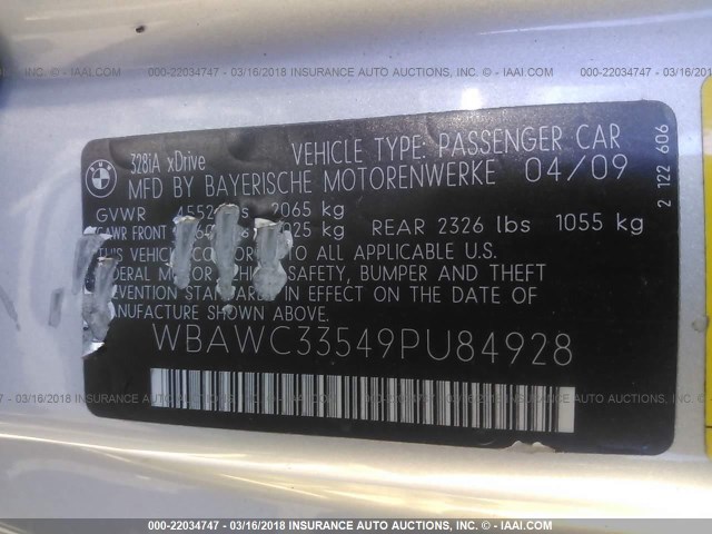 WBAWC33549PU84928 - 2009 BMW 328 XI SILVER photo 9