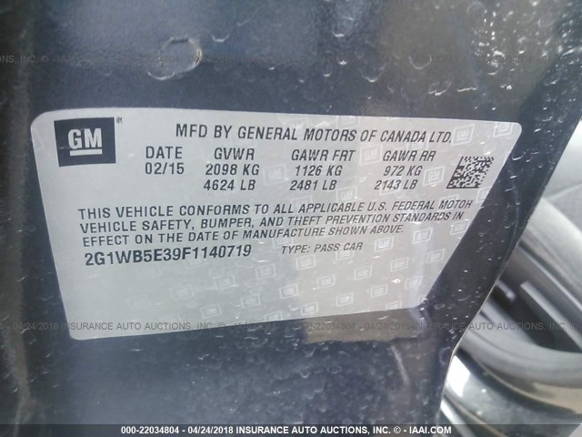 2G1WB5E39F1140719 - 2015 CHEVROLET IMPALA LIMITED LT GRAY photo 9