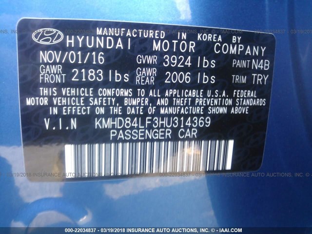 KMHD84LF3HU314369 - 2017 HYUNDAI ELANTRA SE/VALUE/LIMITED BLUE photo 9