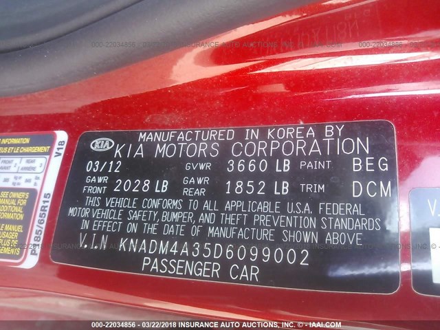 KNADM4A35D6099002 - 2013 KIA RIO LX RED photo 9