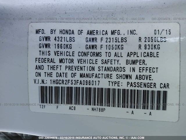 1HGCR2F53FA096017 - 2015 HONDA ACCORD SPORT Ақ фото 9