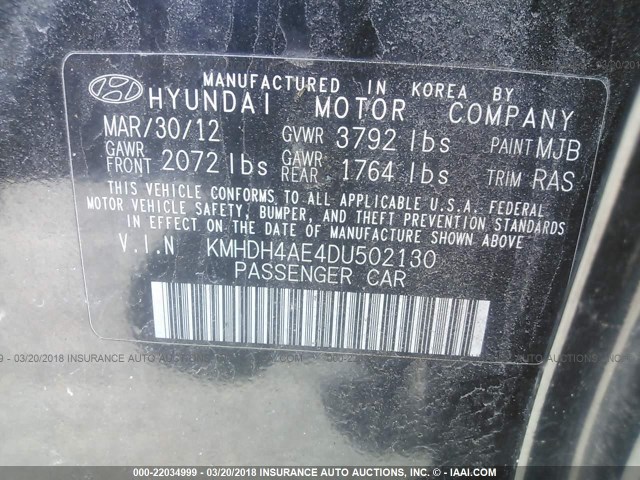 KMHDH4AE4DU502130 - 2013 HYUNDAI ELANTRA GLS/LIMITED BLACK photo 9