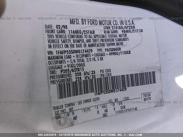 1FAFP53S0WG174429 - 1998 FORD TAURUS SE COMFORT WHITE photo 9