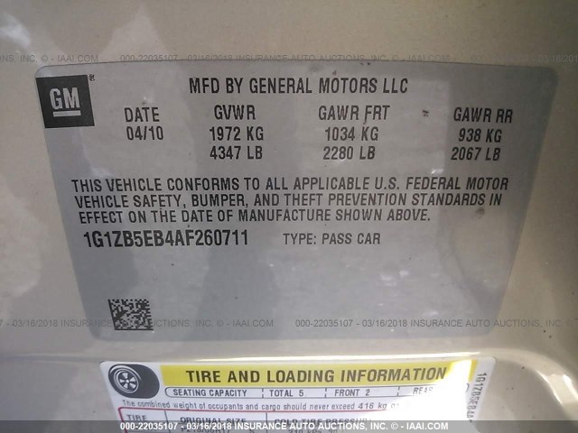 1G1ZB5EB4AF260711 - 2010 CHEVROLET MALIBU LS Şampan foto 9