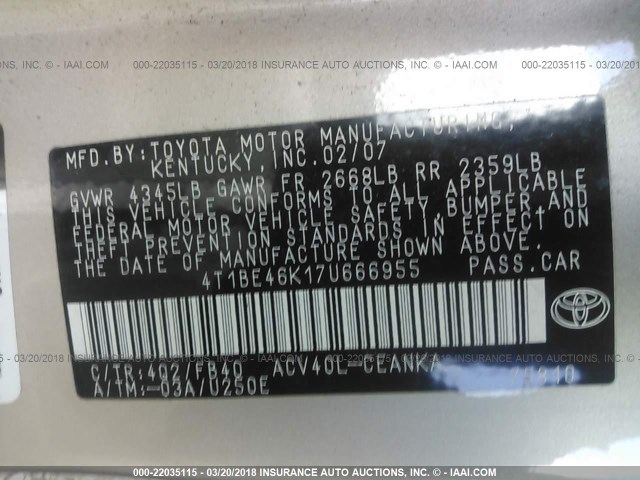 4T1BE46K17U666955 - 2007 TOYOTA CAMRY NEW GENERAT CE/LE/XLE/SE GOLD photo 9