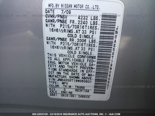 JN8AS58T19W060801 - 2009 NISSAN ROGUE S/SL GRAY photo 9