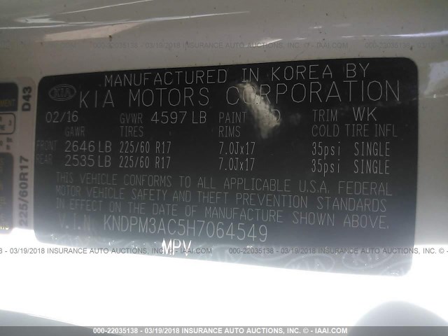 KNDPM3AC5H7064549 - 2017 KIA SPORTAGE LX WHITE photo 9