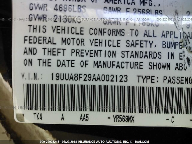 19UUA8F29AA002123 - 2010 ACURA TL BROWN photo 9