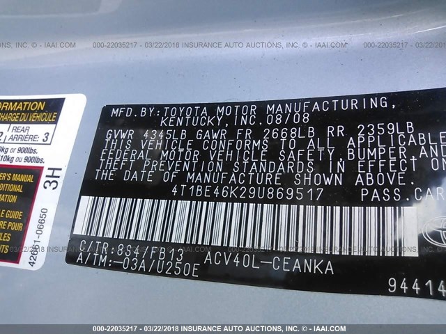 4T1BE46K29U869517 - 2009 TOYOTA CAMRY SE/LE/XLE BLUE photo 9