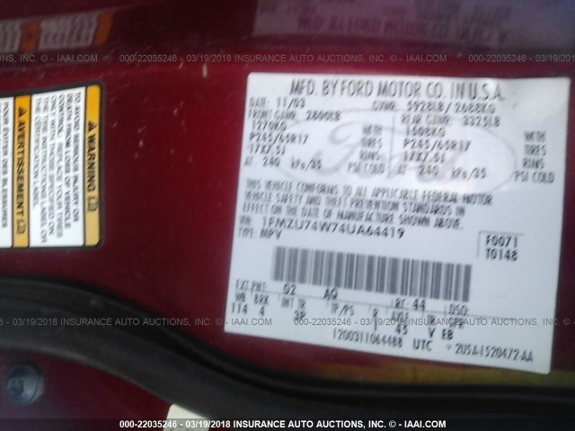 1FMZU74W74UA64419 - 2004 FORD EXPLORER EDDIE BAUER RED photo 9