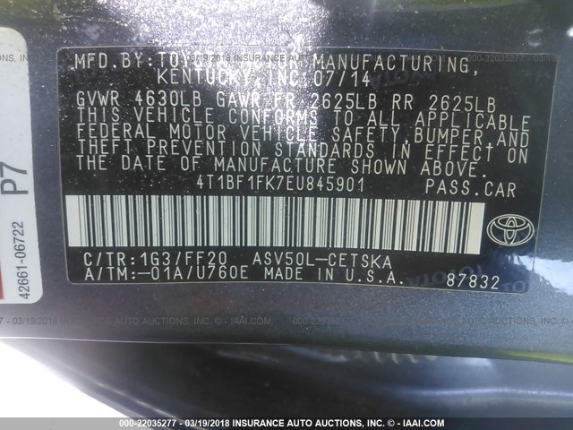 4T1BF1FK7EU845901 - 2014 TOYOTA CAMRY L/SE/LE/XLE 灰色 照片 9