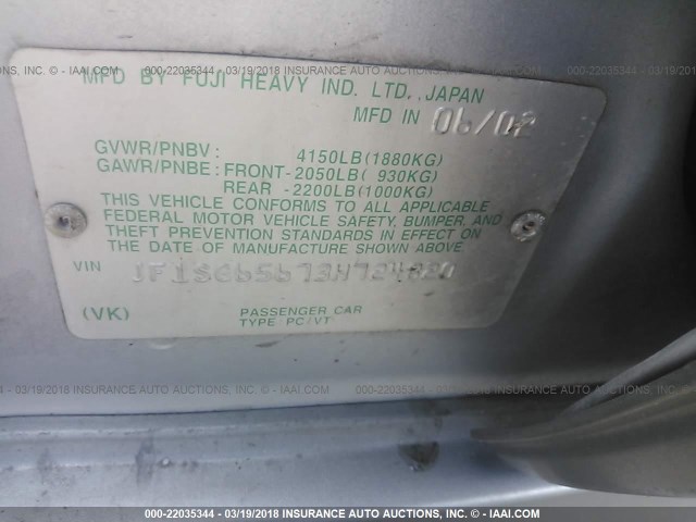 JF1SG65673H724820 - 2003 SUBARU FORESTER 2.5XS ნაცრისფერი ფოტო 9