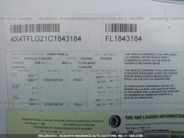 4X4TFLG21C1843184 - 2012 FOREST RIVER FLT831BHDS  白色 照片 9