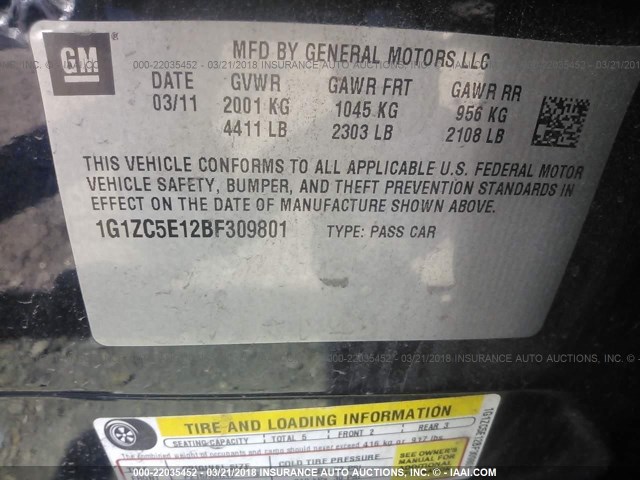 1G1ZC5E12BF309801 - 2011 CHEVROLET MALIBU 1LT BLUE photo 9