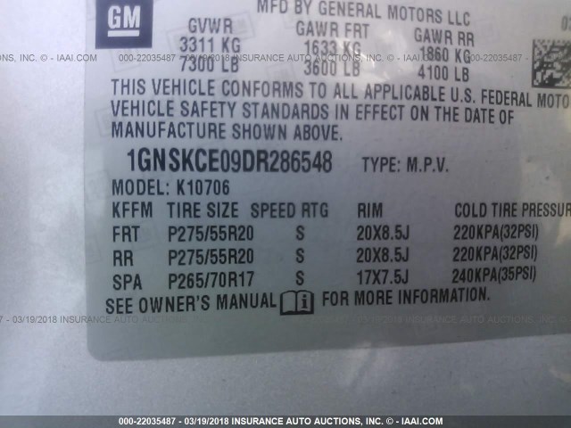 1GNSKCE09DR286548 - 2013 CHEVROLET TAHOE K1500 LTZ SILVER photo 9