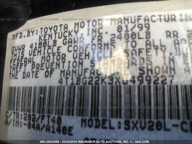 4T1BG22K3XU499227 - 1999 TOYOTA CAMRY CE/LE/XLE BLACK photo 9