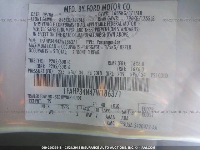 1FAHP34N47W186371 - 2007 FORD FOCUS ZX4/S/SE/SES 银色 照片 9