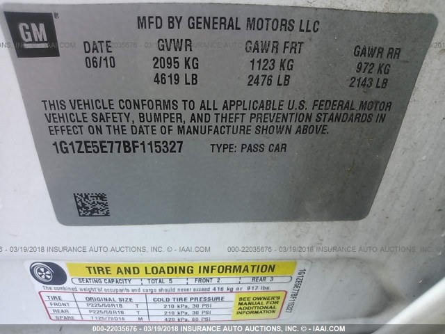 1G1ZE5E77BF115327 - 2011 CHEVROLET MALIBU LTZ 白色 照片 9