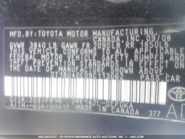 2T1BU40E09C113062 - 2009 TOYOTA COROLLA S/LE/XLE BLACK photo 9