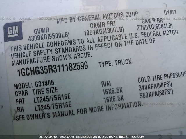 1GCHG35R311182599 - 2001 CHEVROLET EXPRESS G3500  WHITE photo 9