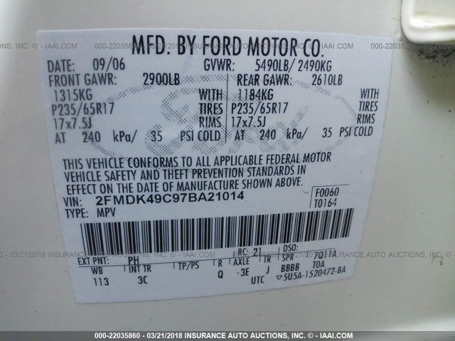 2FMDK49C97BA21014 - 2007 FORD EDGE SEL PLUS WHITE photo 9