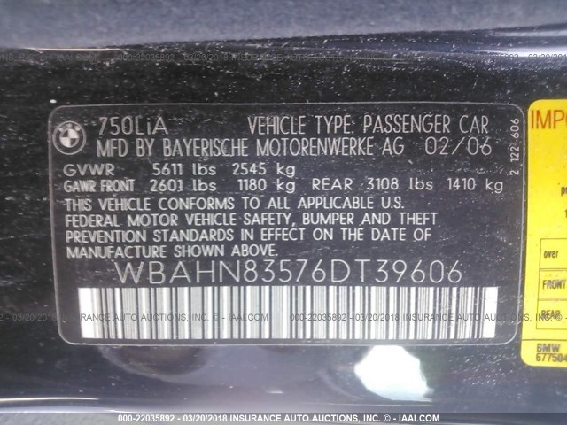 WBAHN83576DT39606 - 2006 BMW 750 LI BLACK photo 9