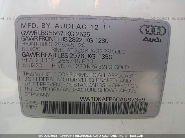 WA1DKAFP6CA067359 - 2012 AUDI Q5 PREMIUM PLUS WHITE photo 9