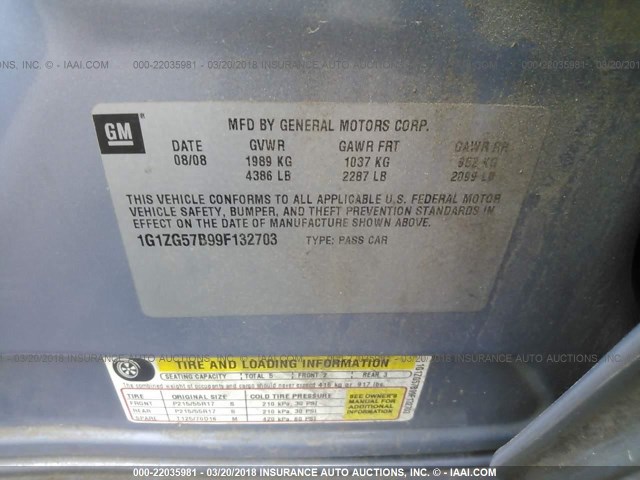 1G1ZG57B99F132703 - 2009 CHEVROLET MALIBU LS ნაცრისფერი ფოტო 9