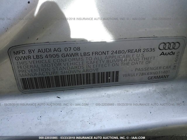 WAULF78K69N011401 - 2009 AUDI A4 2.0T QUATTRO SILVER photo 9