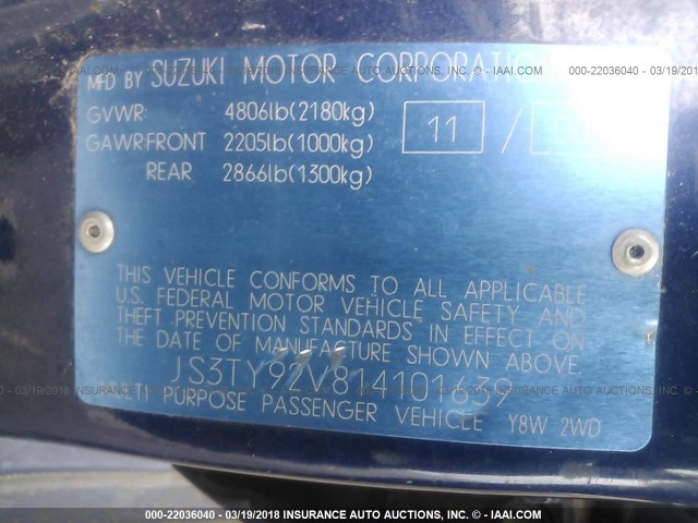 JS3TY92V814101639 - 2001 SUZUKI GRAND VITARA XL7 TOURING/XL7 LIMITED BLUE photo 9